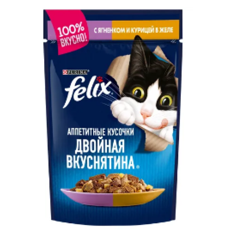 FELIX Влажный корм Аппетитные кусочки, Двойная Вкуснятина для взрослых кошек, с ягненком и курицей, в желе, 75г
