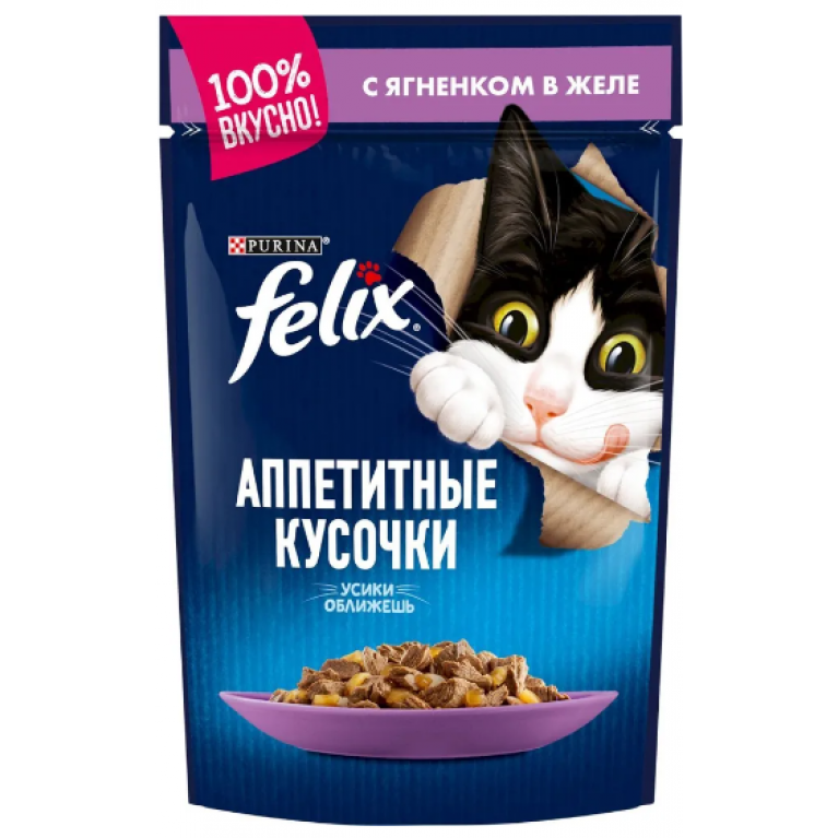 FELIX Влажный корм Аппетитные кусочки для взрослых кошек, с ягненком в желе 75г