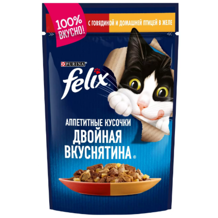 FELIX Влажный корм Аппетитные кусочки, Двойная вкуснятина для взрослых кошек, с говядиной и домашней птицей, в желе 75г