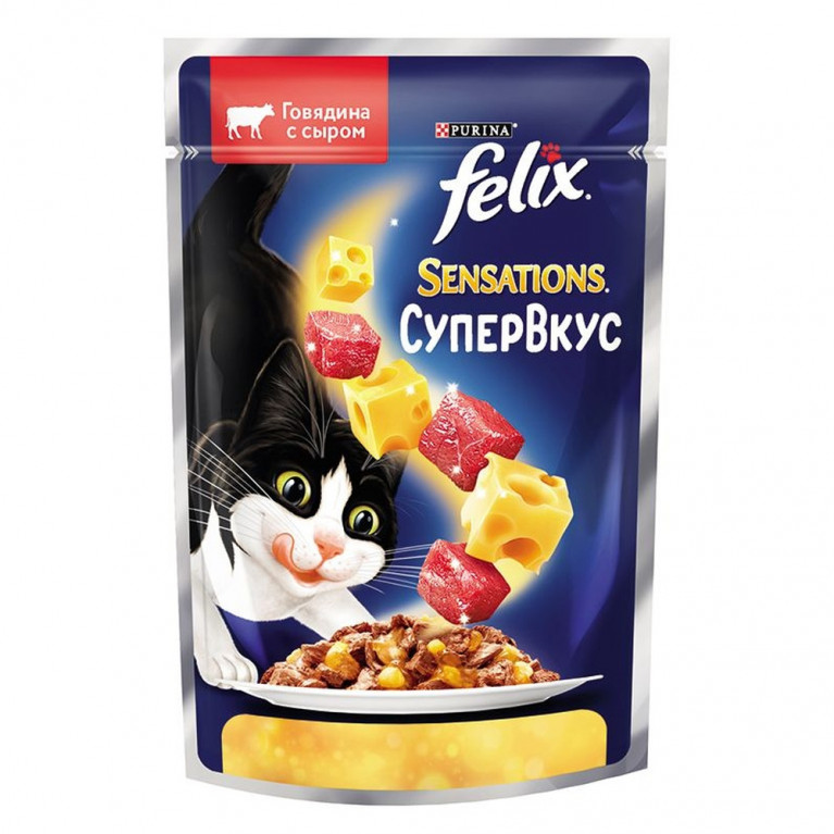 FELIX Sensations Супервкус Консервы для кошек с говядиной и сыром, кусочки в желе 75г