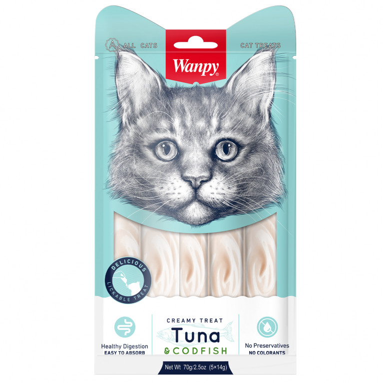 Wanpy Cat Лакомство для кошек «нежное пюре» из тунца и трески 70 г (1 уп*5 шт)