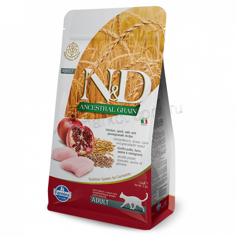 Farmina N&D Ancestral Grain Cat Chicken & Pomegranate ADULT Низкозерновой корм для взрослых кошек (Спельта, овес, курица, гранат)