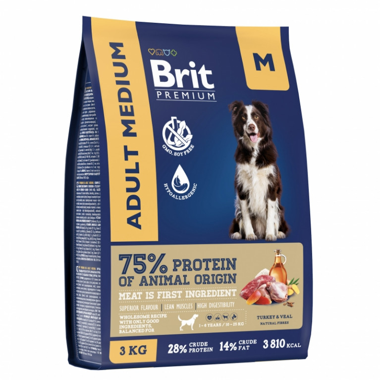 Brit Premium Adult Medium Полнорационный корм для взрослых собак средних пород (10–25 кг) с индейкой и телятиной