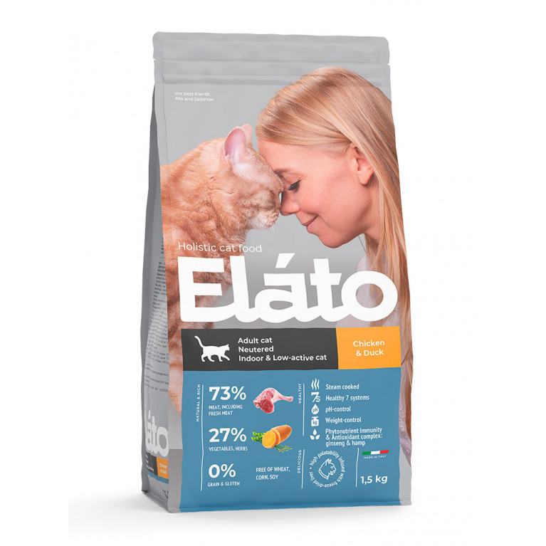 Elato Holistic Adult Cat Neutered Indoor & Low-Active Cat сухой корм для взрослых кастрированных котов и стерилизованных кошек с курицей и уткой 