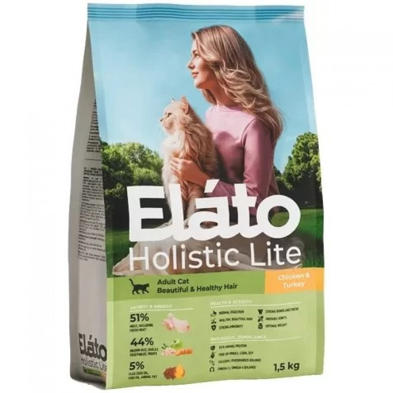 Elato Holistic Light Beautiful & Healthy Hair Полнорационный сухой корм для взрослых кошек для красивой и здоровой шерсти с курицей и индейкой 